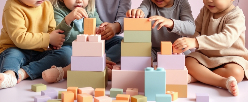Children playing together with peach, pink, lavender, and gold building blocks